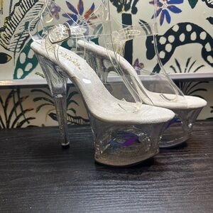 Pleaser MOON709MER Elegant Silver Glitter Platform Heels with Mermaid in Cutout